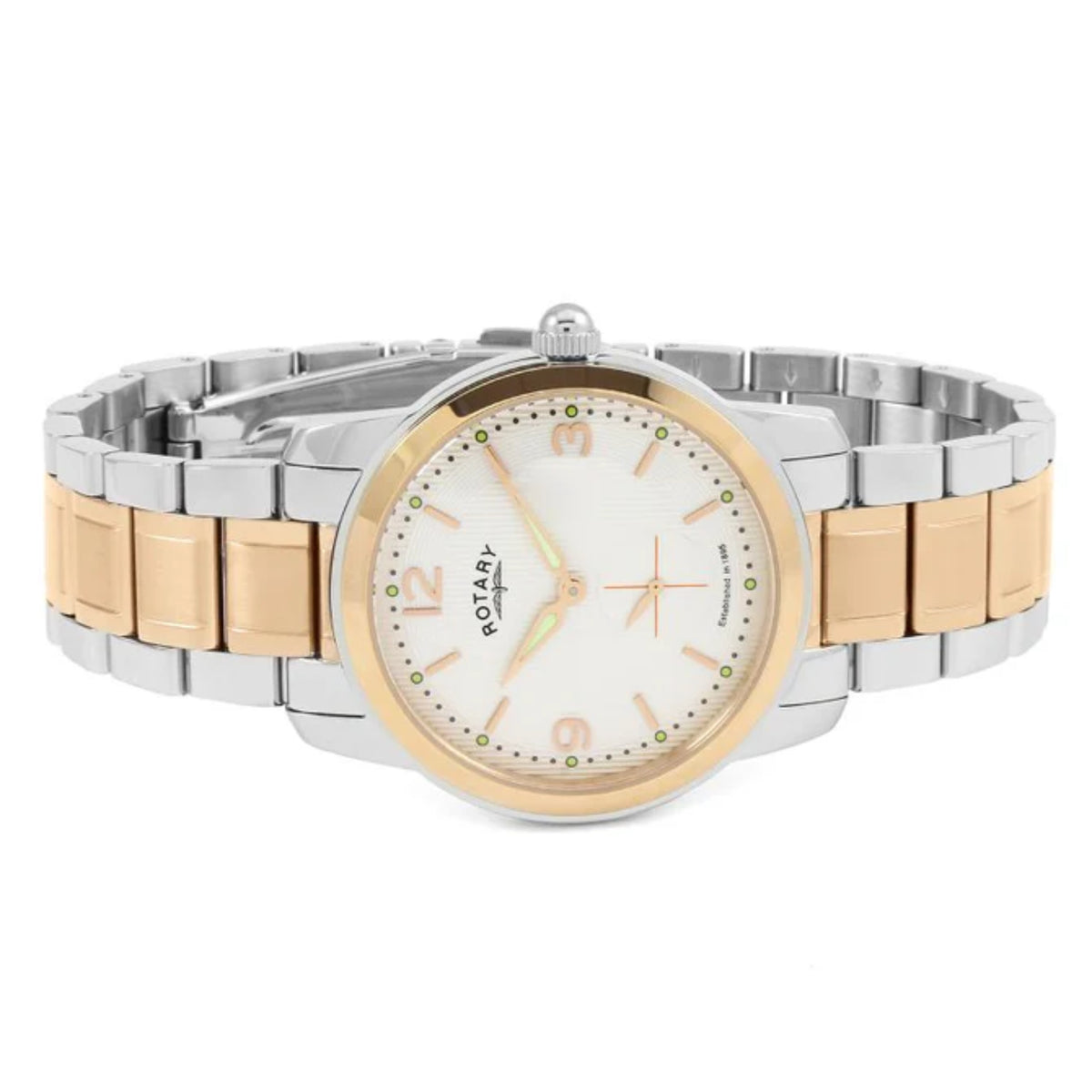 Two-tone men's wristwatch with cream dial, gold bezel, and silver/rose-gold bracelet