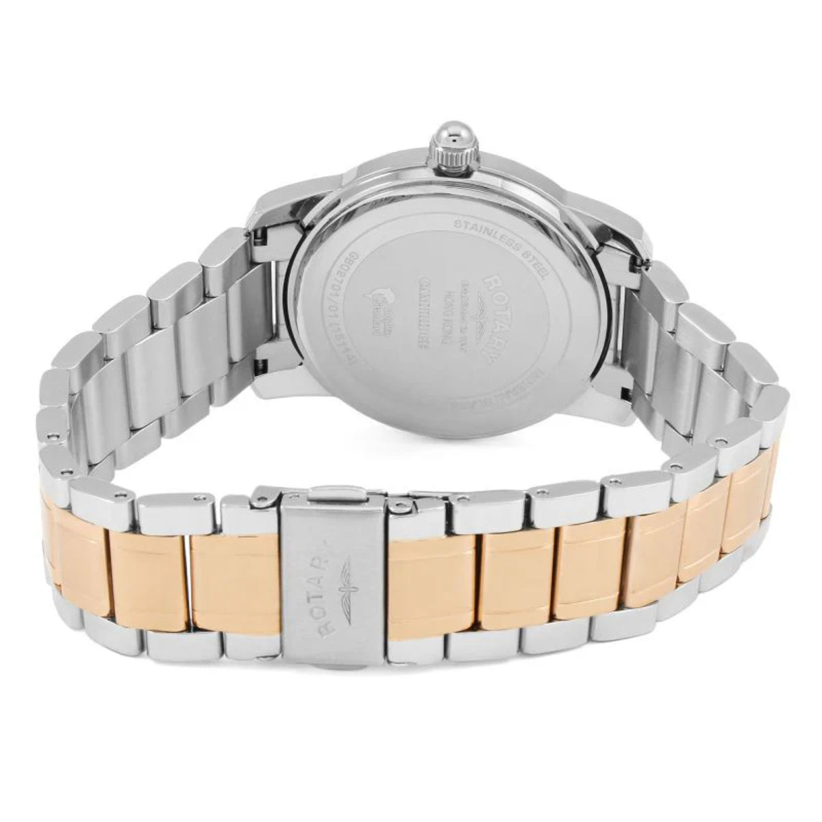 Two-tone men's wristwatch back view with stainless steel case and rose-gold link bracelet