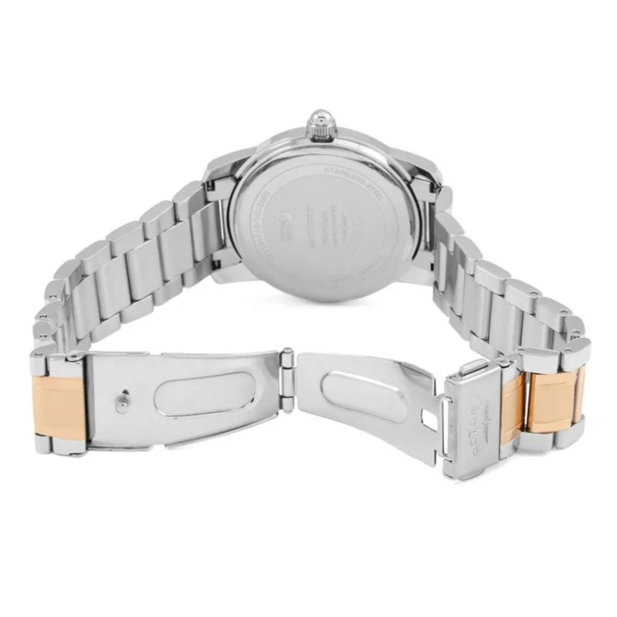 Two-tone men's watch bracelet with stainless steel and rose-gold links, clasp detail