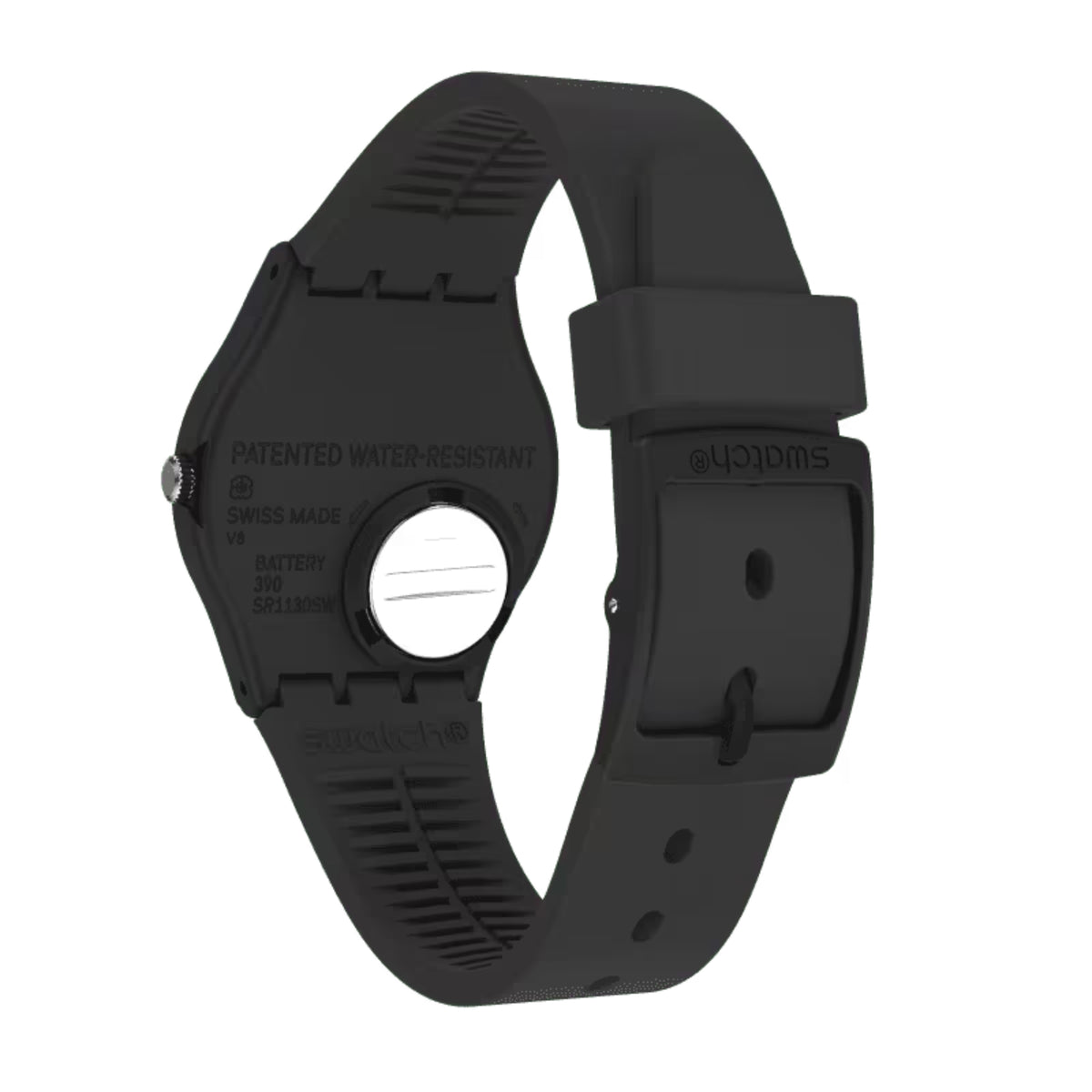 Quartz wristwatch underside with black silicone strap and circular case back