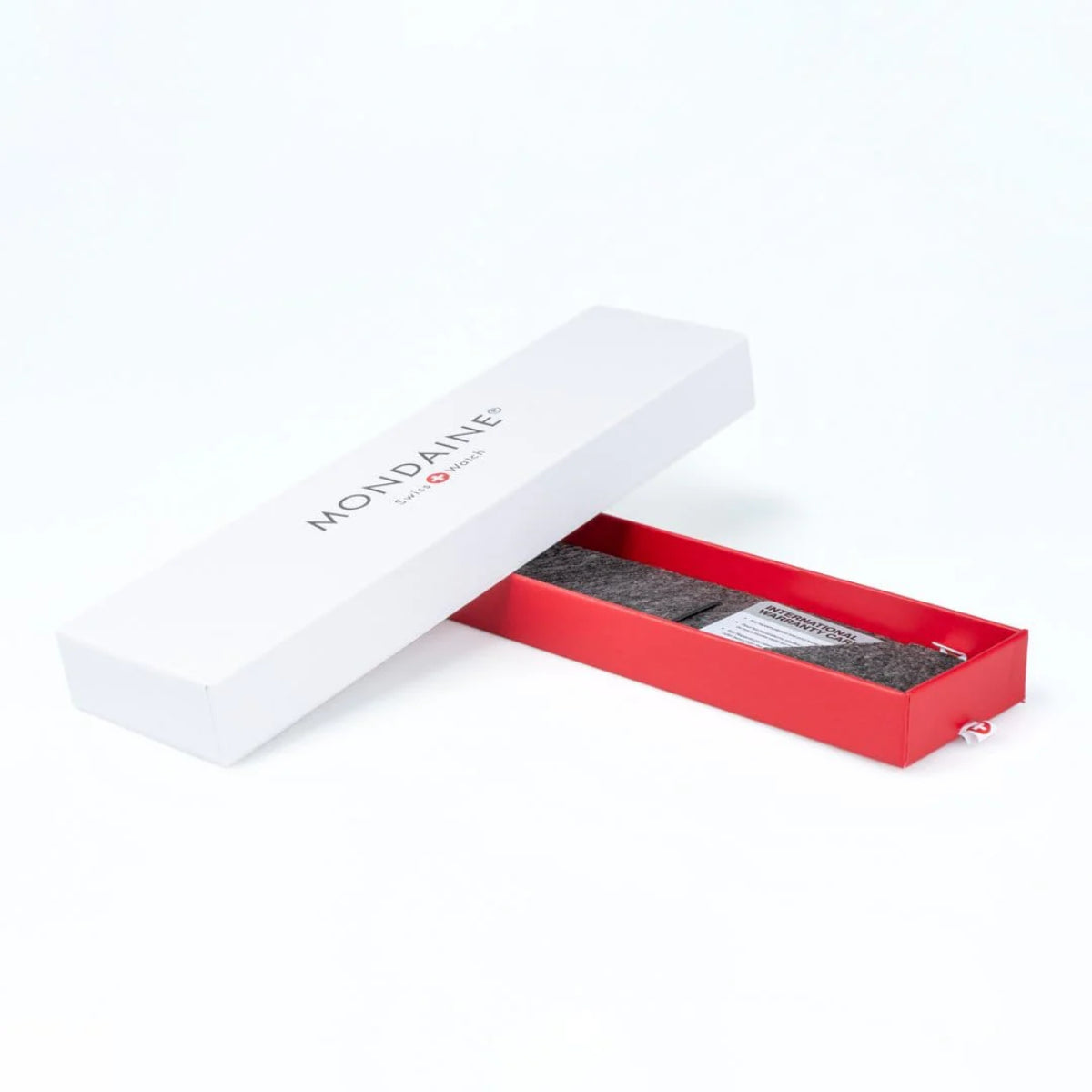 Mondaine Classic 36mm quartz watch in red presentation box with branded outer sleeve