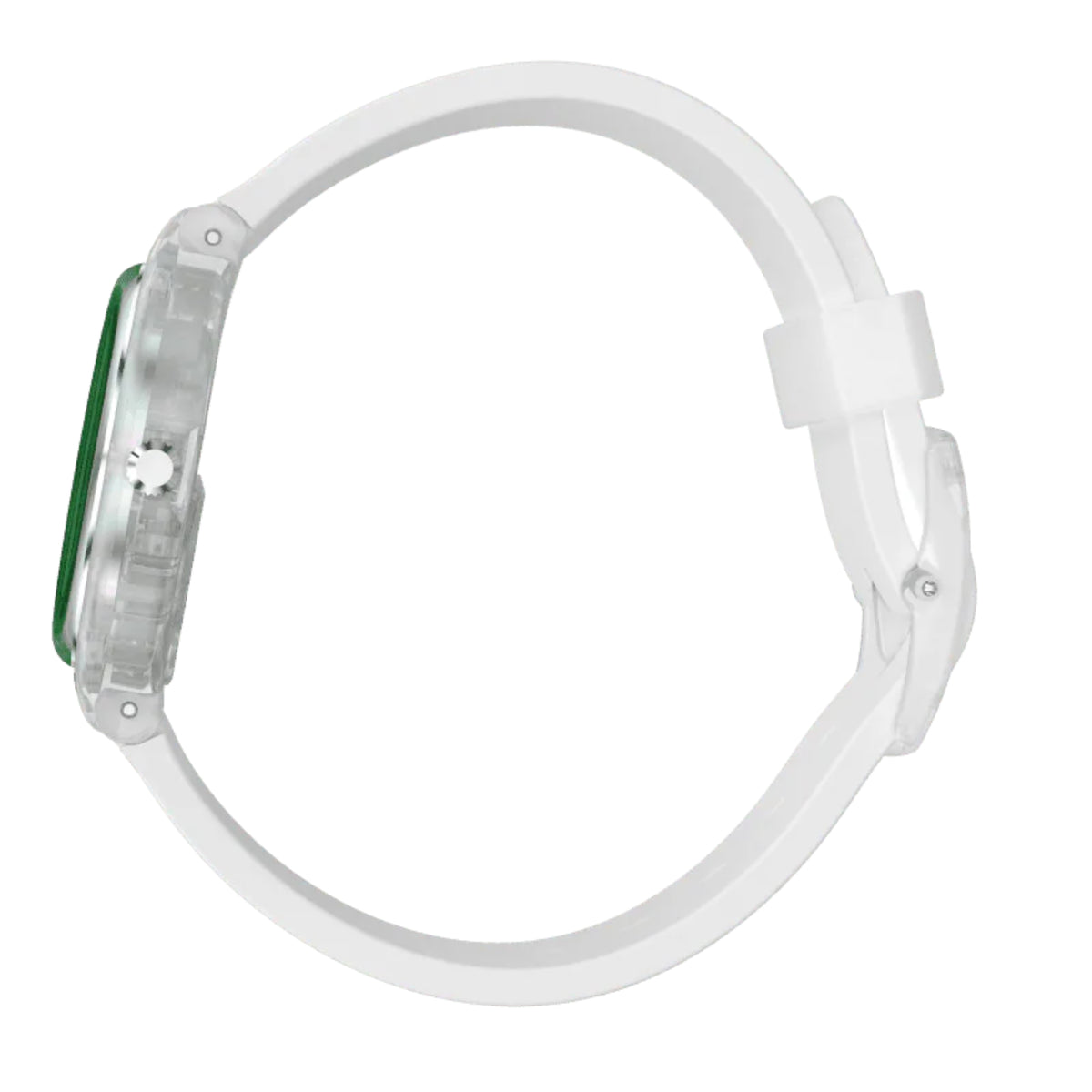 Back of round wristwatch with translucent case and white/pale strap, clasp visible