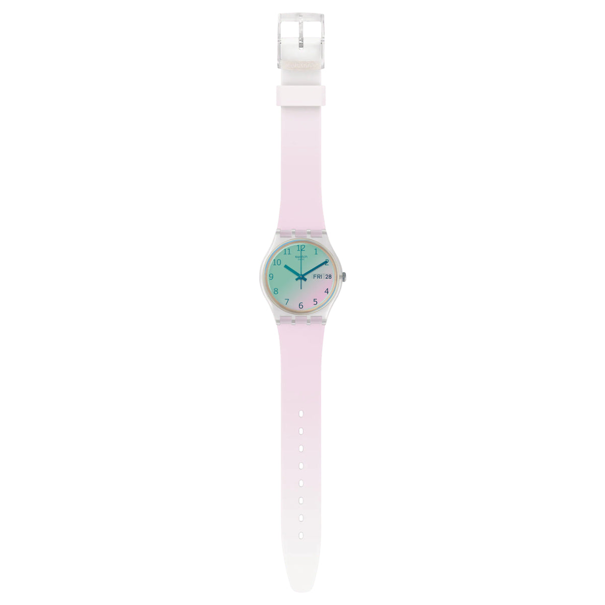 Pink silicone strap wristwatch with round teal dial showing Fri 28 at 3 o'clock