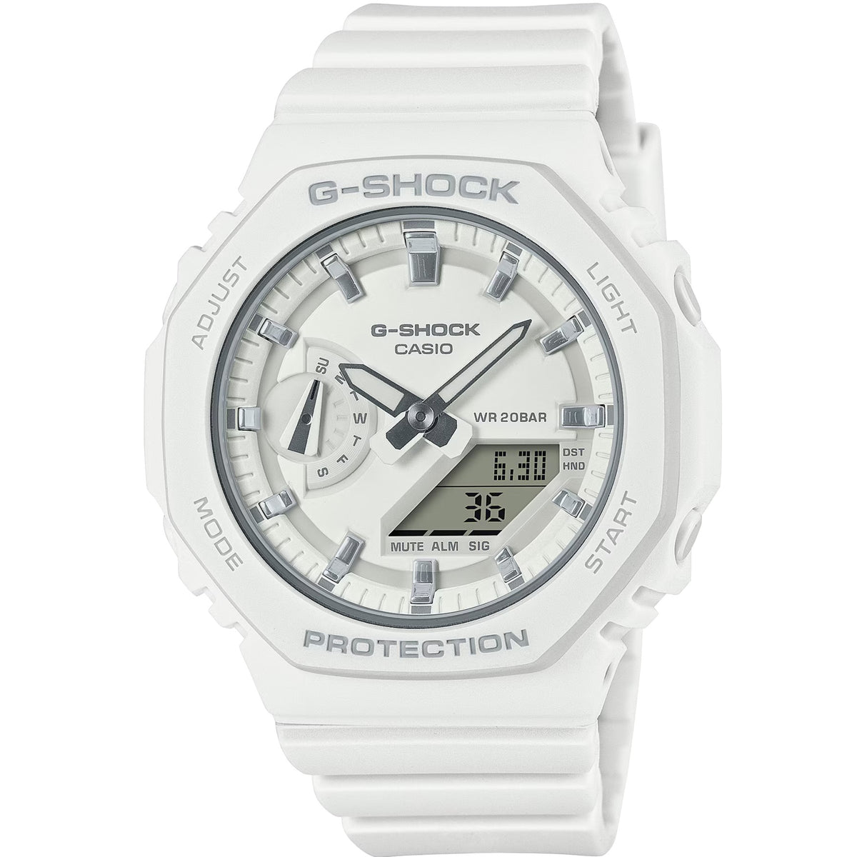 Casio G-Shock GMA-S2100-7AER front view showing white dial with resin case and matching resin strap