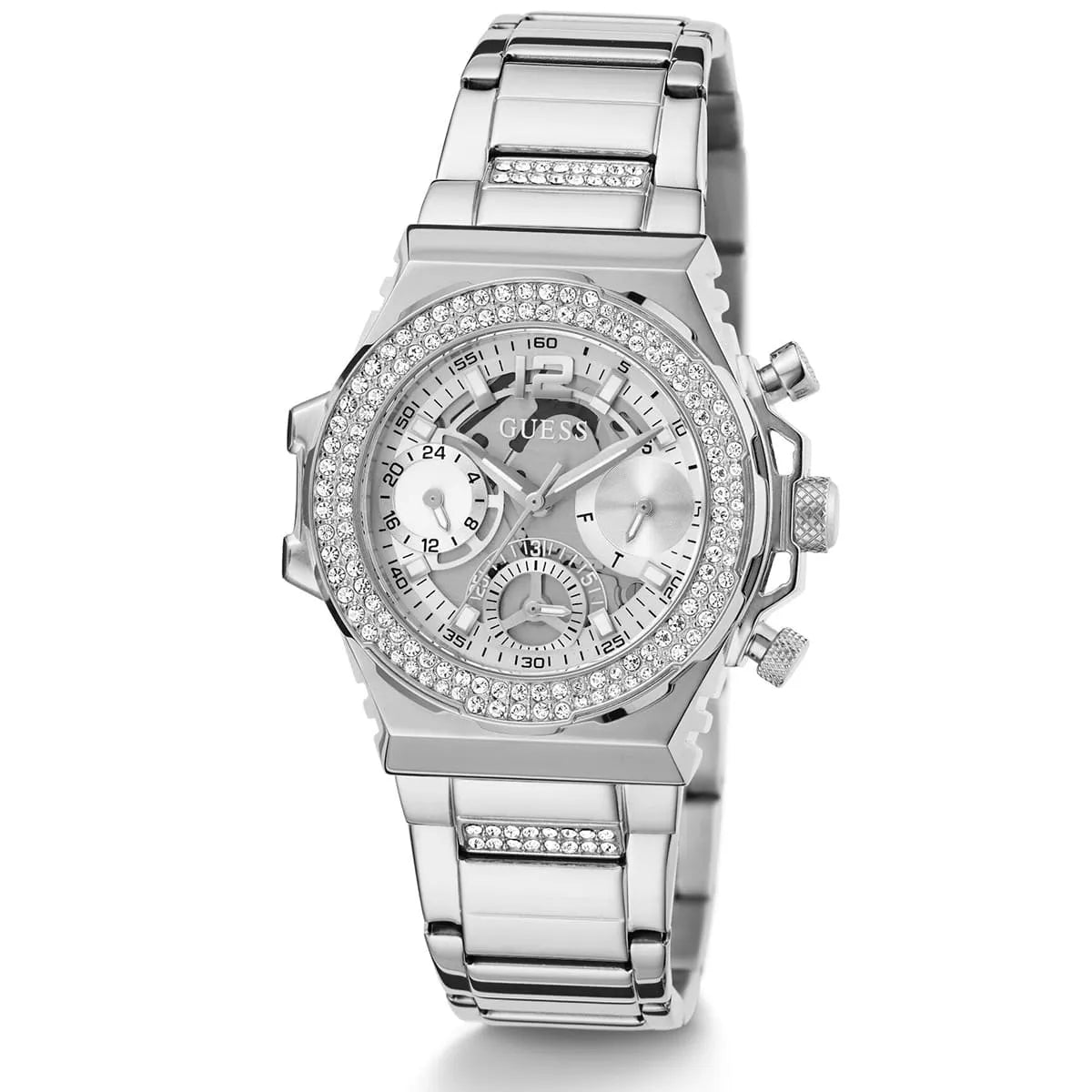 Silver-tone steel chronograph watch with white dial, three subdials, and crystal indices