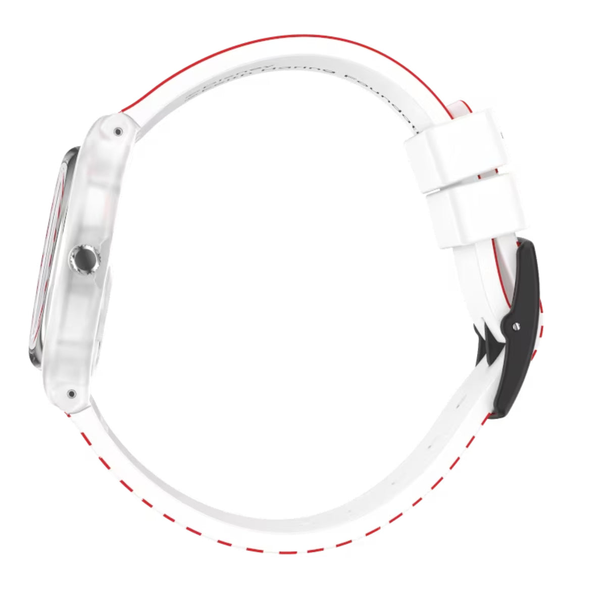 White silicone quartz watch with white strap and clasp, side view