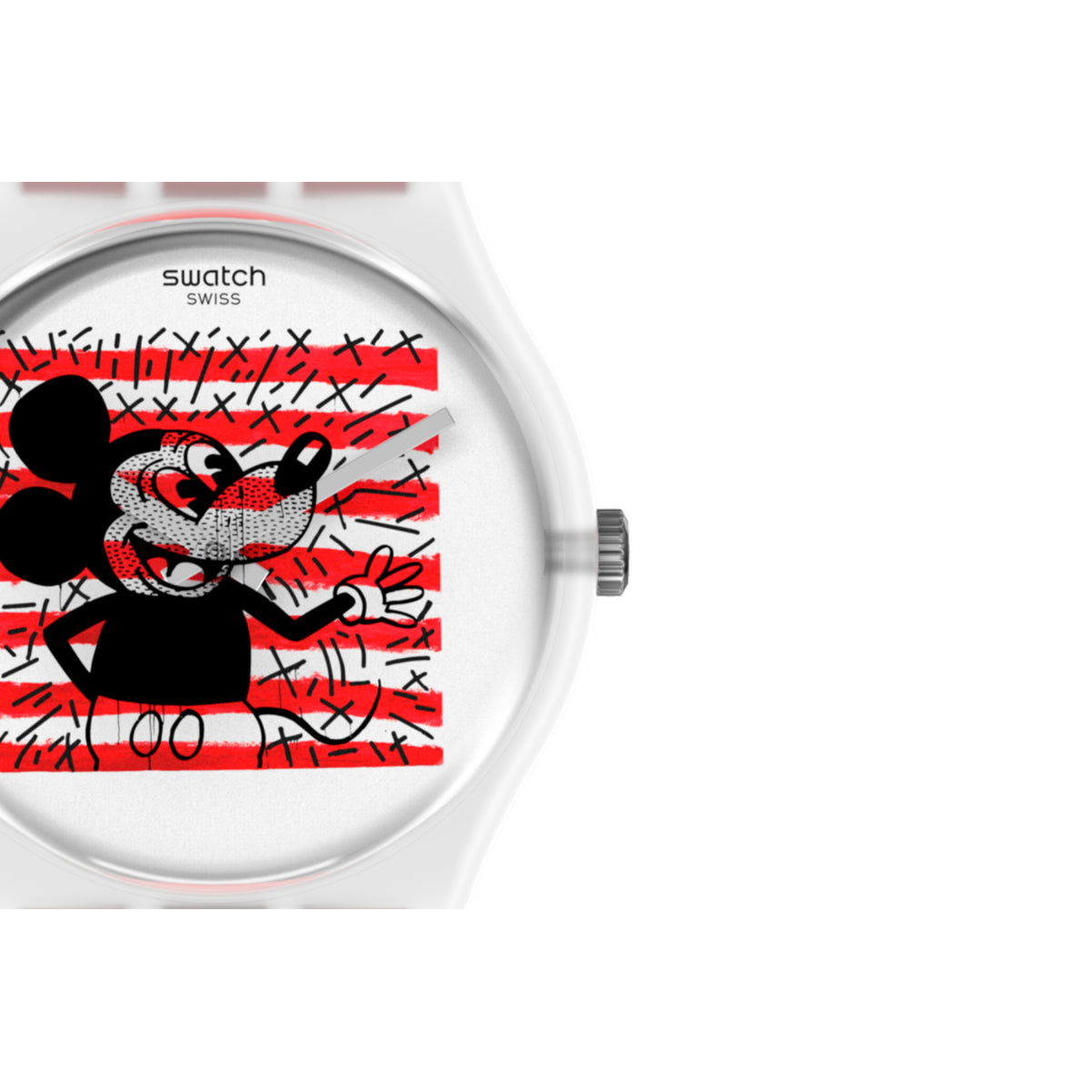 Close-up of white quartz watch dial with Mickey Mouse and red graphic stripes