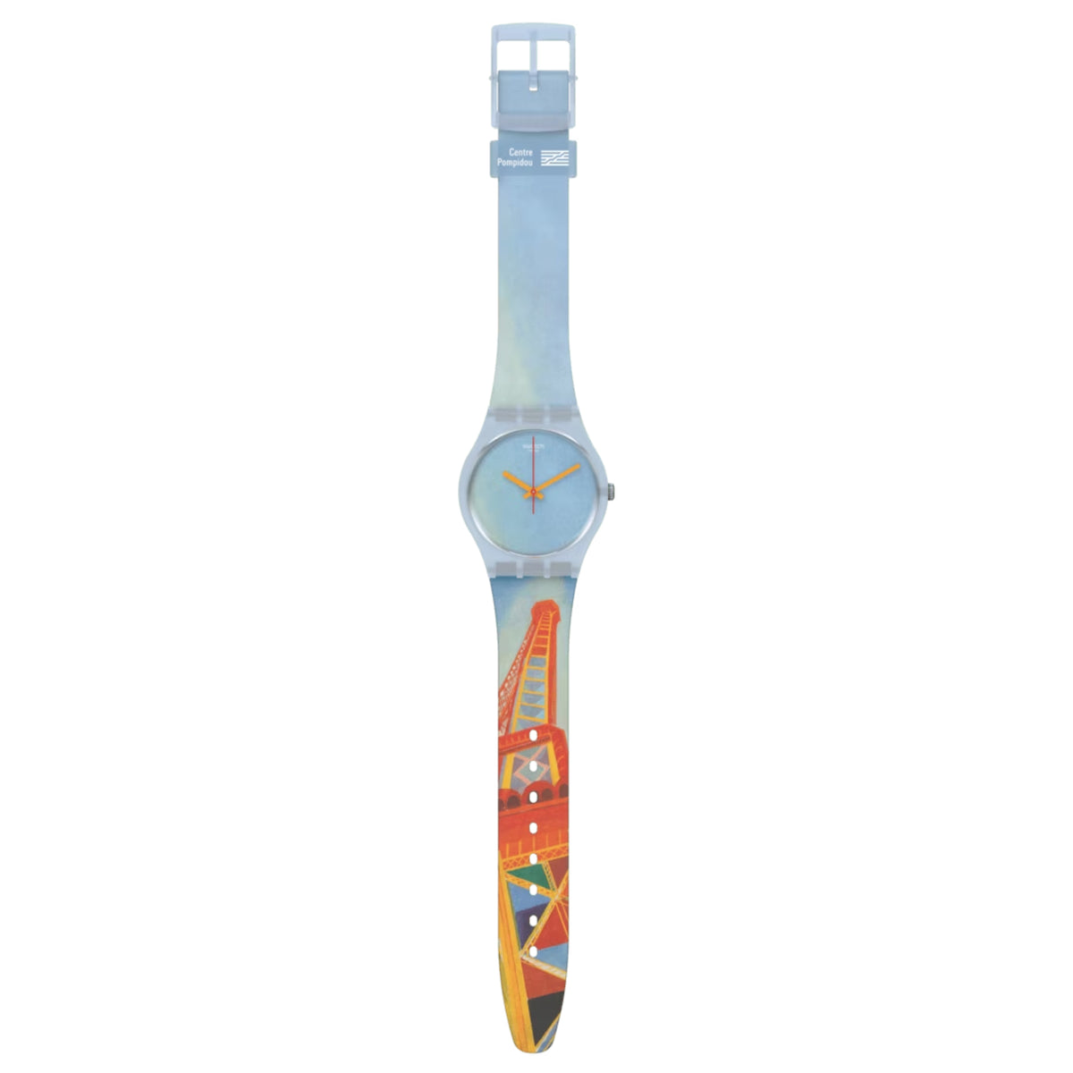 Light blue Swatch quartz wristwatch with orange hands and illustrated strap panel
