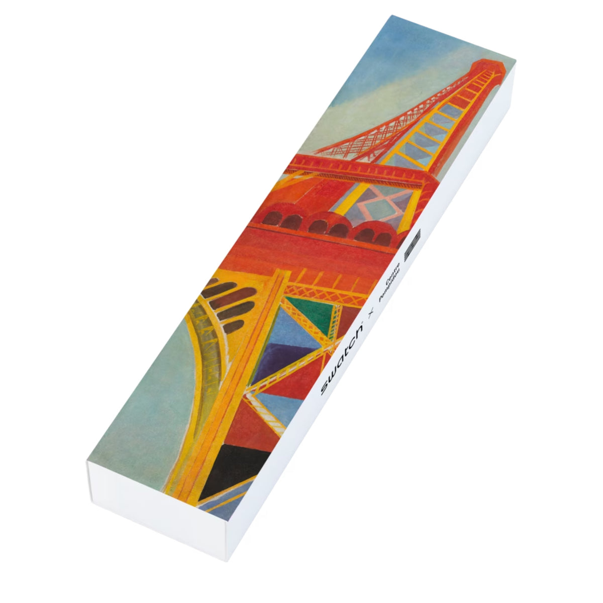 Swatch watch gift box with colorful city artwork and light blue strap design