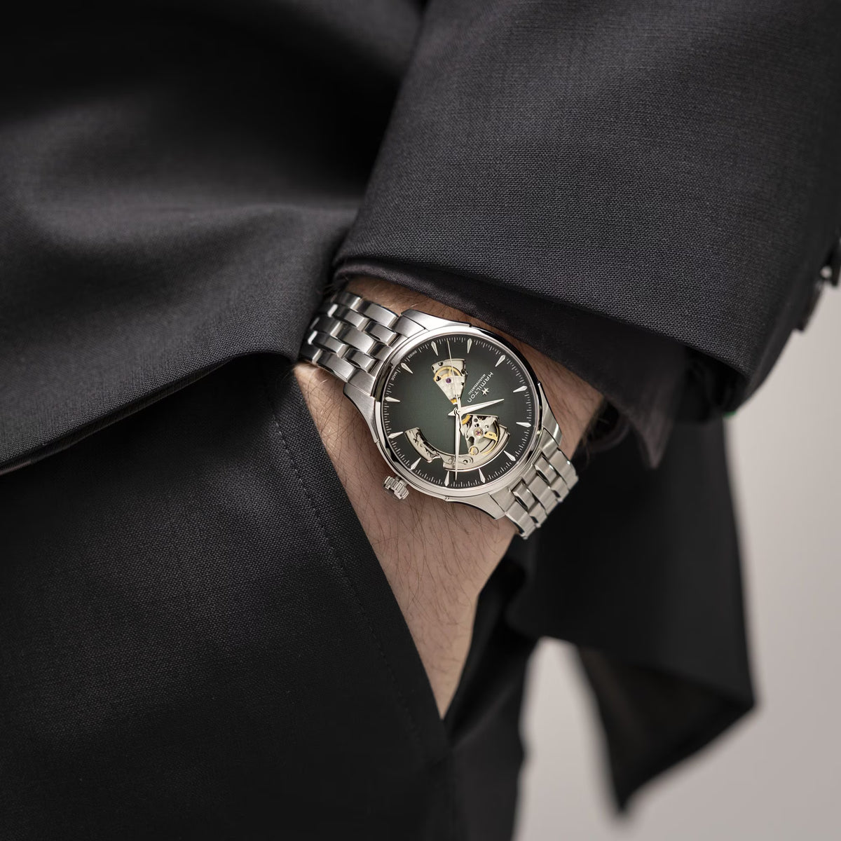 Hamilton Jazzmaster Open Heart Green Dial Steel watch worn on wrist H32675160