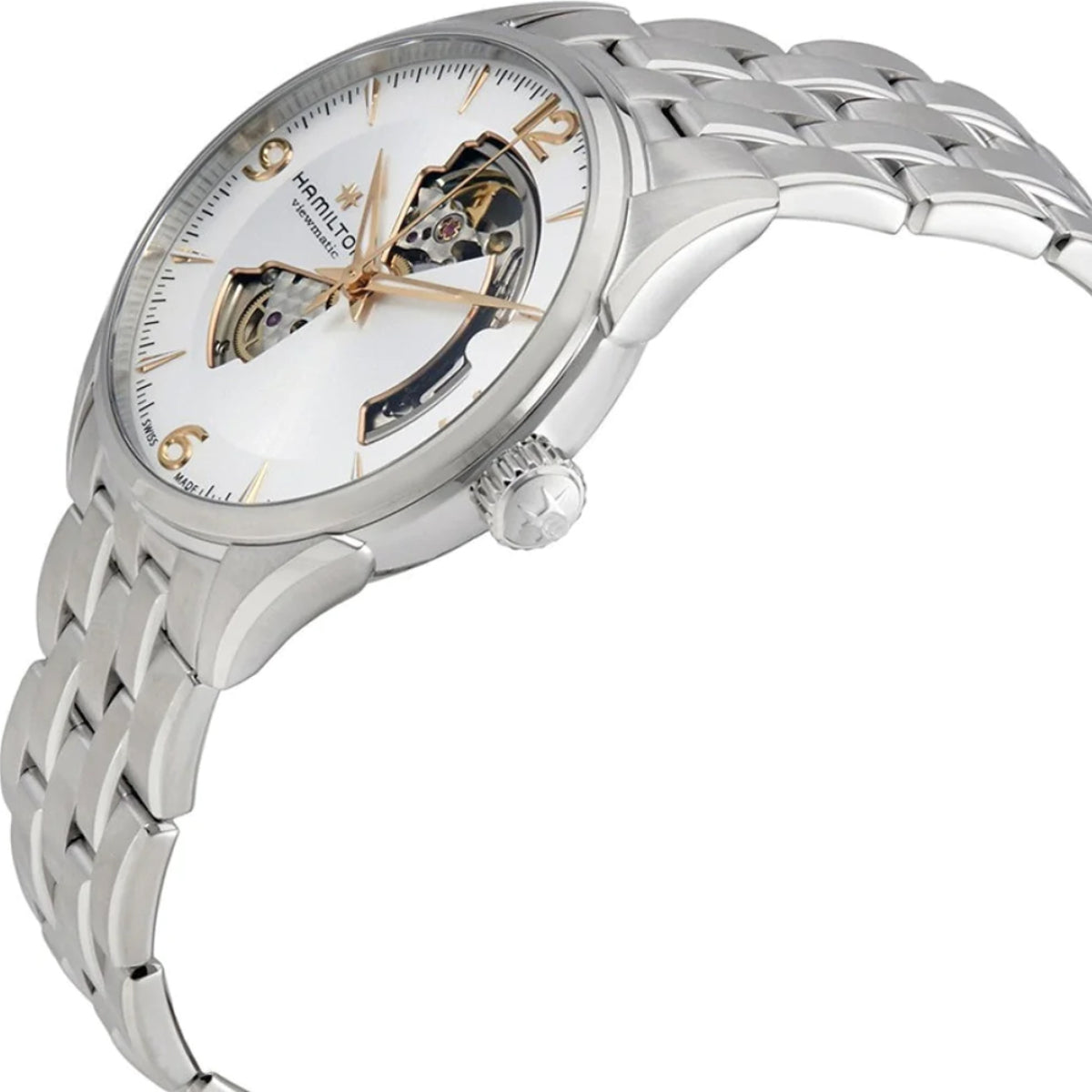 Men's automatic open-heart watch with white dial, silver-tone steel bracelet