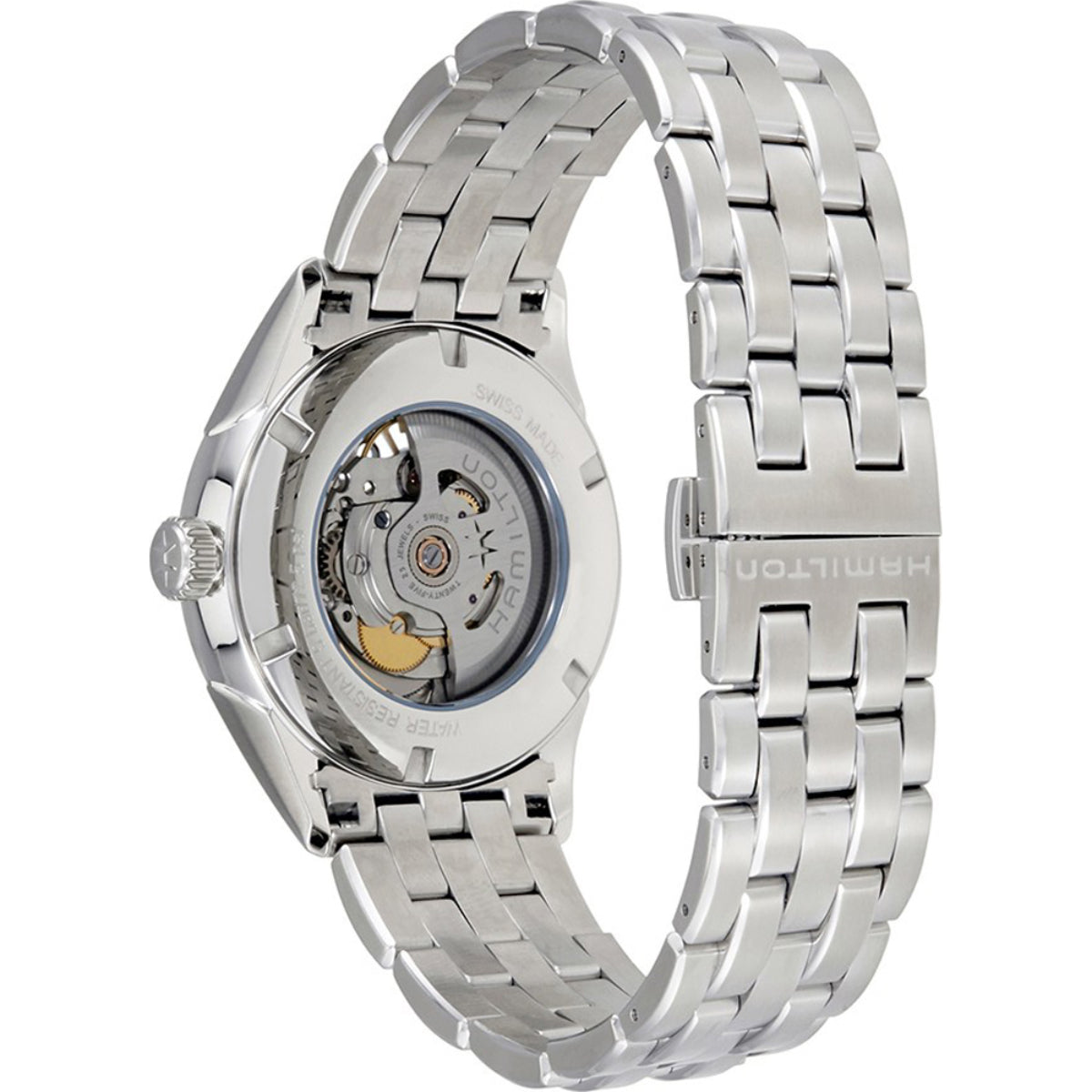 Men's automatic watch with silver steel bracelet and open-heart dial view