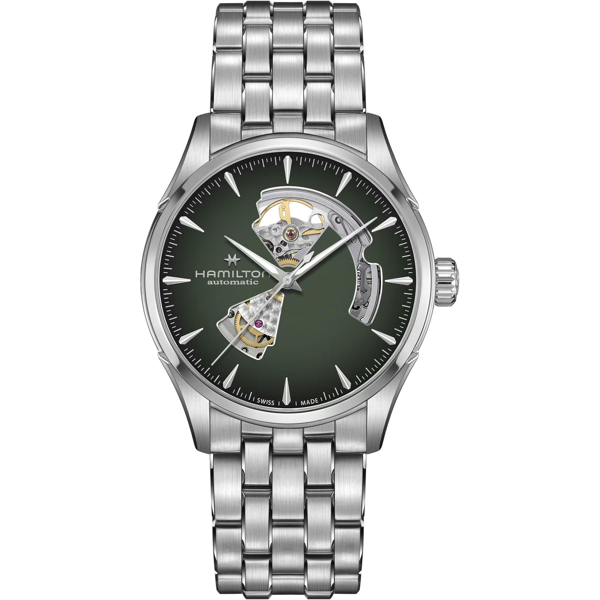Hamilton Jazzmaster 42mm Open Heart green dial steel bracelet automatic watch H32705160 front view