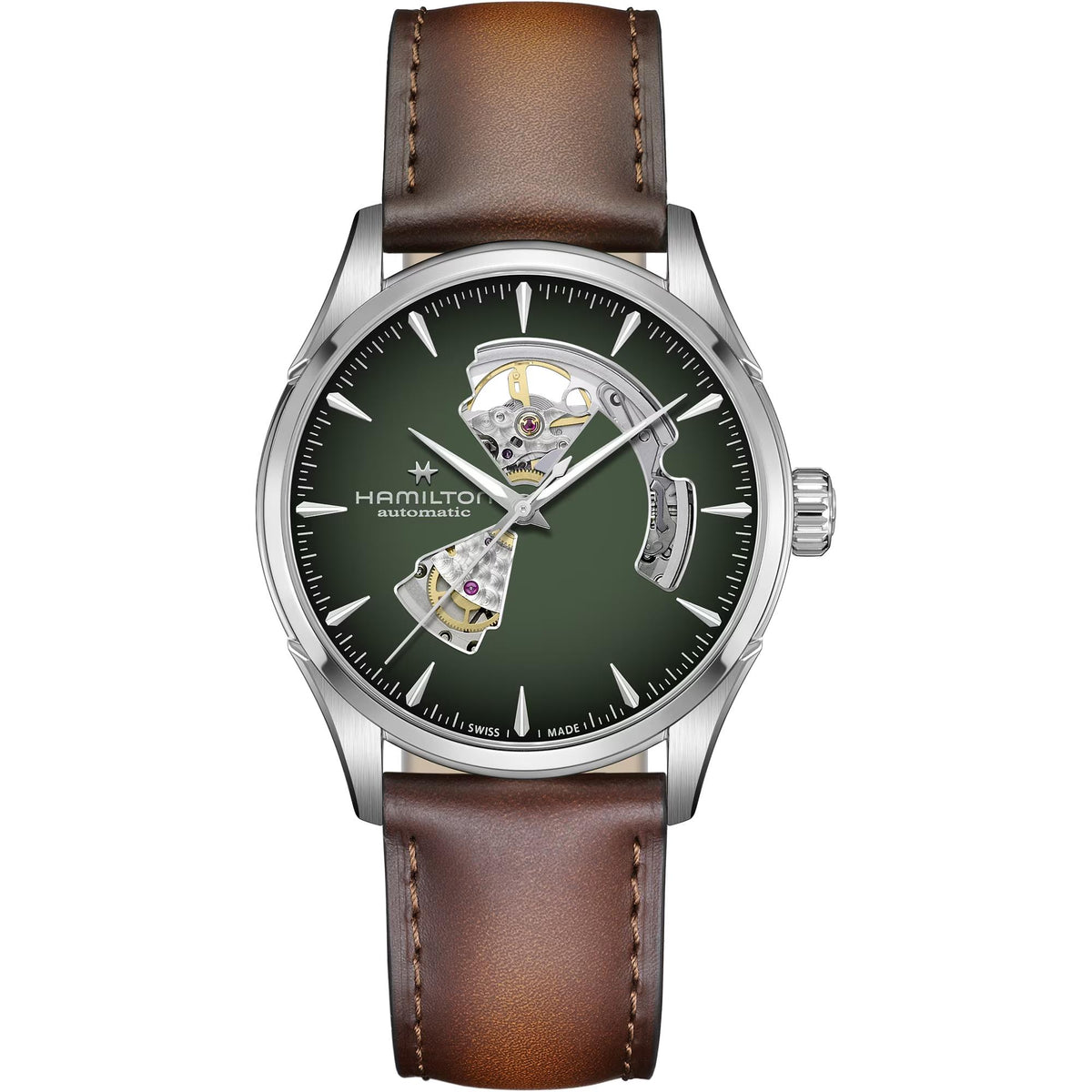 Hamilton Jazzmaster 42mm Open Heart gradient green dial leather automatic watch H32705560 front view