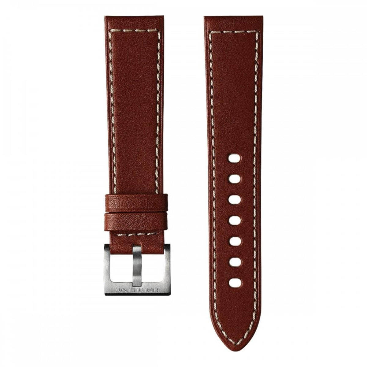 Hamilton Khaki Field H690704104 brown leather replacement watch strap with beige contrast stitching and stainless steel pin buckle