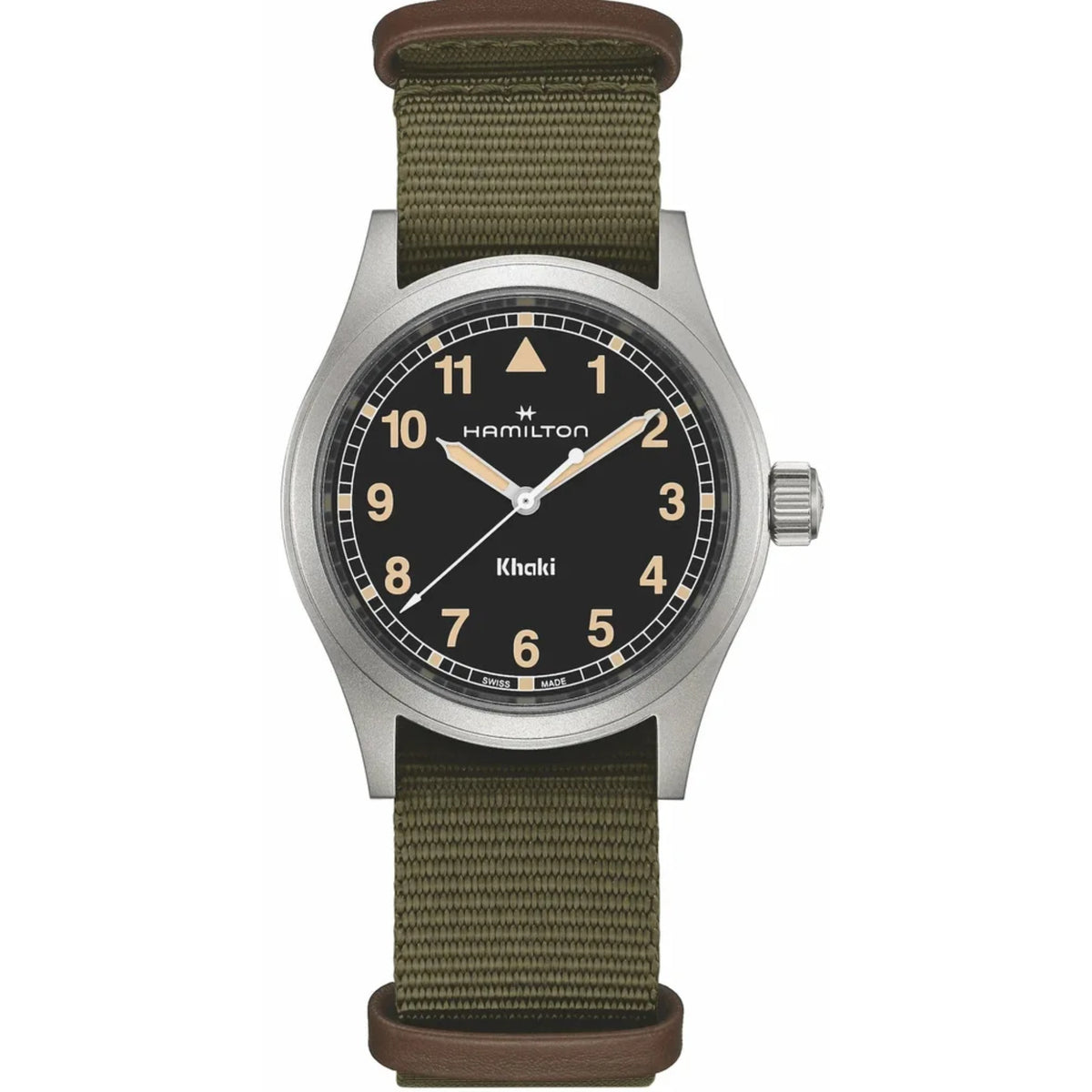 Hamilton Khaki Field H69401930 38mm quartz mens watch front view showing black dial and green NATO textile strap