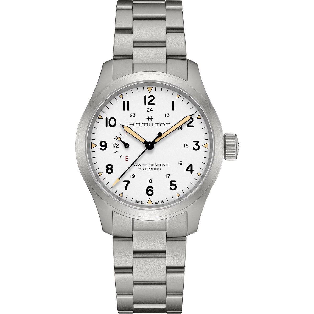 Hamilton Khaki Field H69509110 40mm mechanical mens watch front view showing white dial, power reserve sub-dial, and stainless steel bracelet