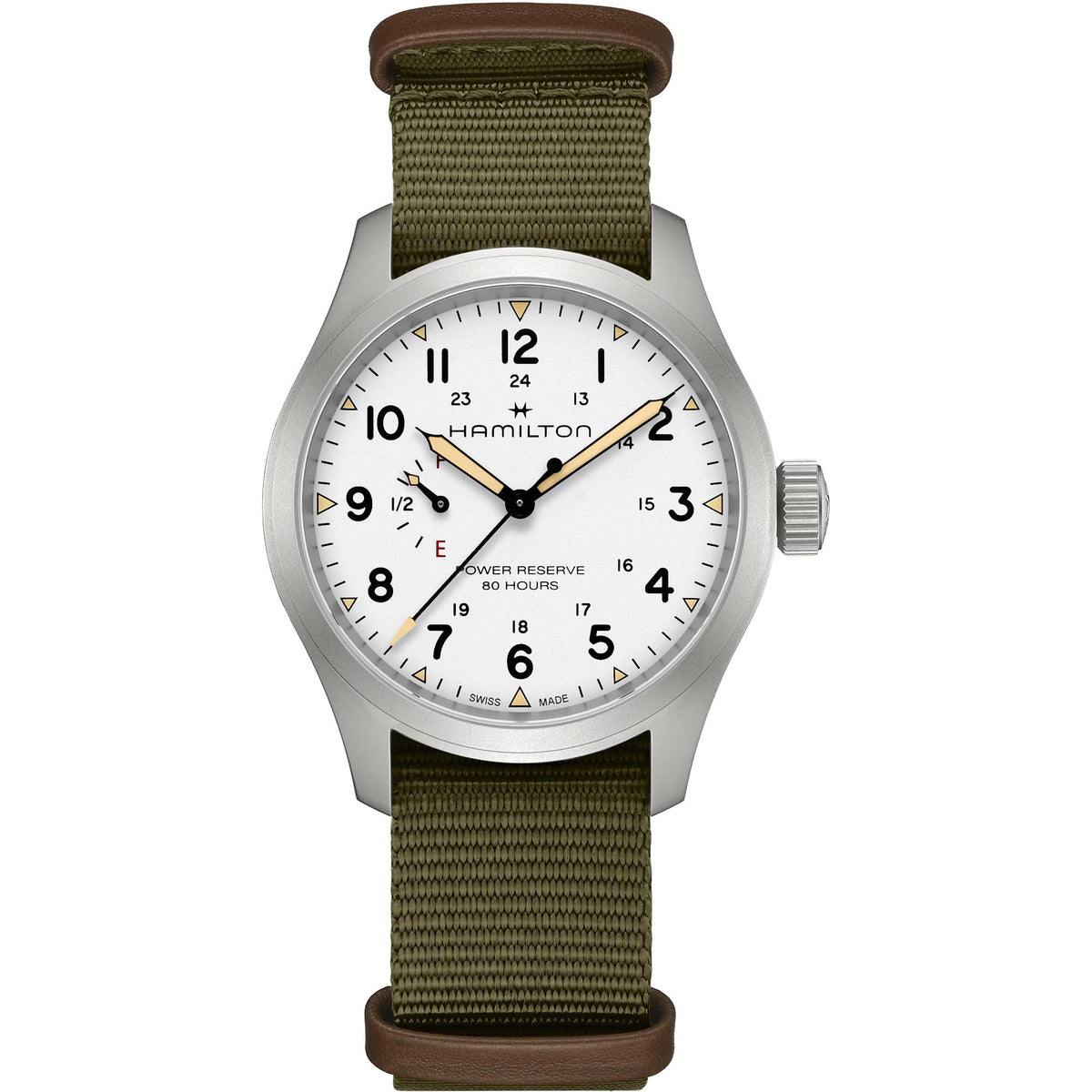 Hamilton Khaki Field power reserve white wial NATO mechanical watch H69509910 front view