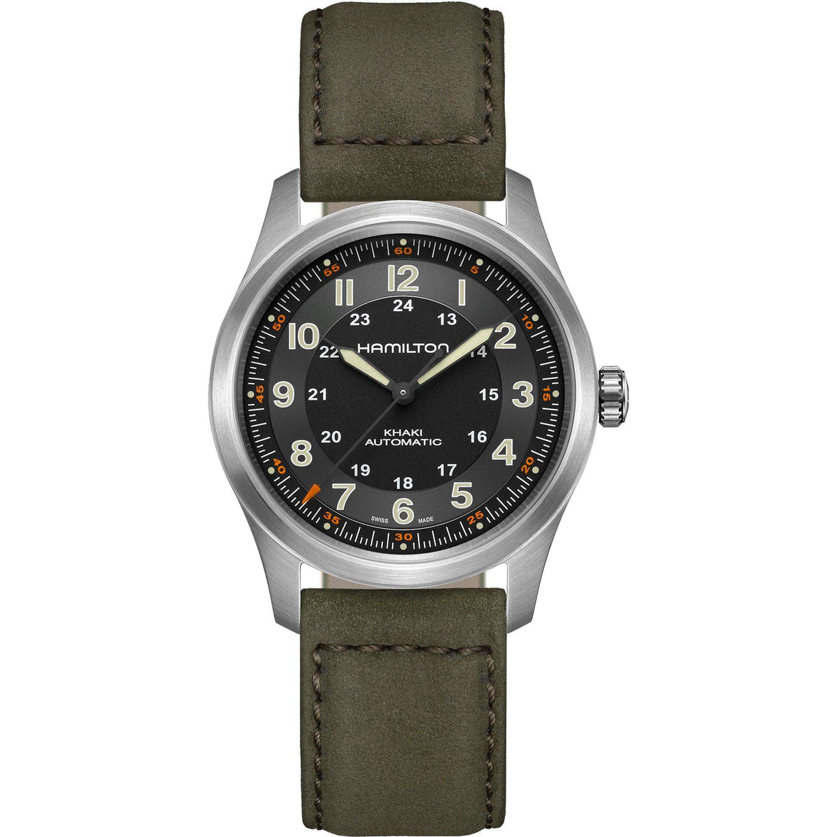 Hamilton Khaki Field H70205830 38mm automatic mens watch front view showing black dial, orange minute markers, and green leather strap