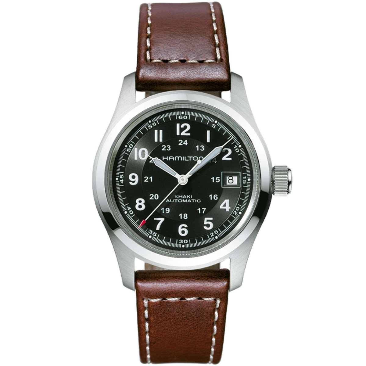 Direct front studio view of the Hamilton Khaki Field H70455533 showcasing its black dial, date window, and brown leather strap