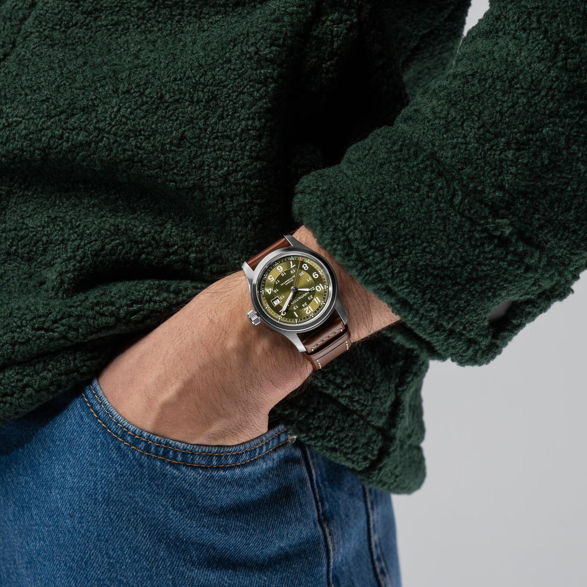 Hamilton Khaki Field 42mm Green Dial Leather watch worn on wrist H70605560