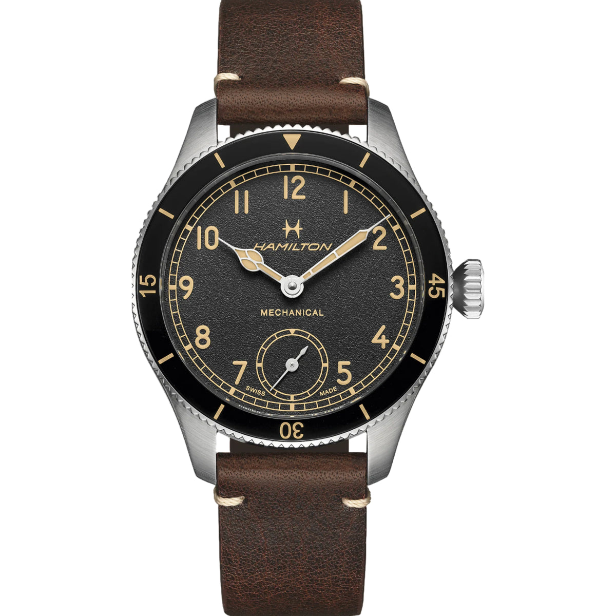 Hamilton Khaki Aviation 43mm Pilot Pioneer black dial dark leather mechanical watch H76719530 front view