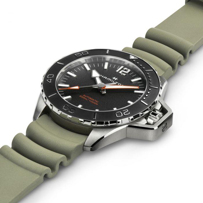 Men's automatic watch with black dial, khaki rubber strap, stainless steel case