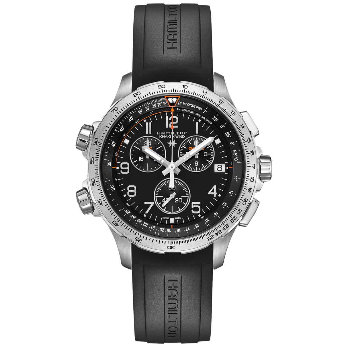 Hamilton Khaki Aviation H77912335 46mm quartz mens watch front view showing black dial, sub-dials, orange accents, and black rubber strap
