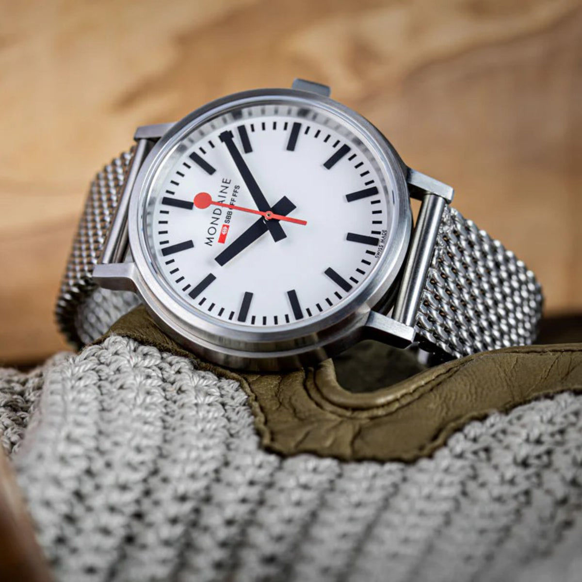 Mondaine Swiss watch with white dial and stainless steel mesh Milanese bracelet