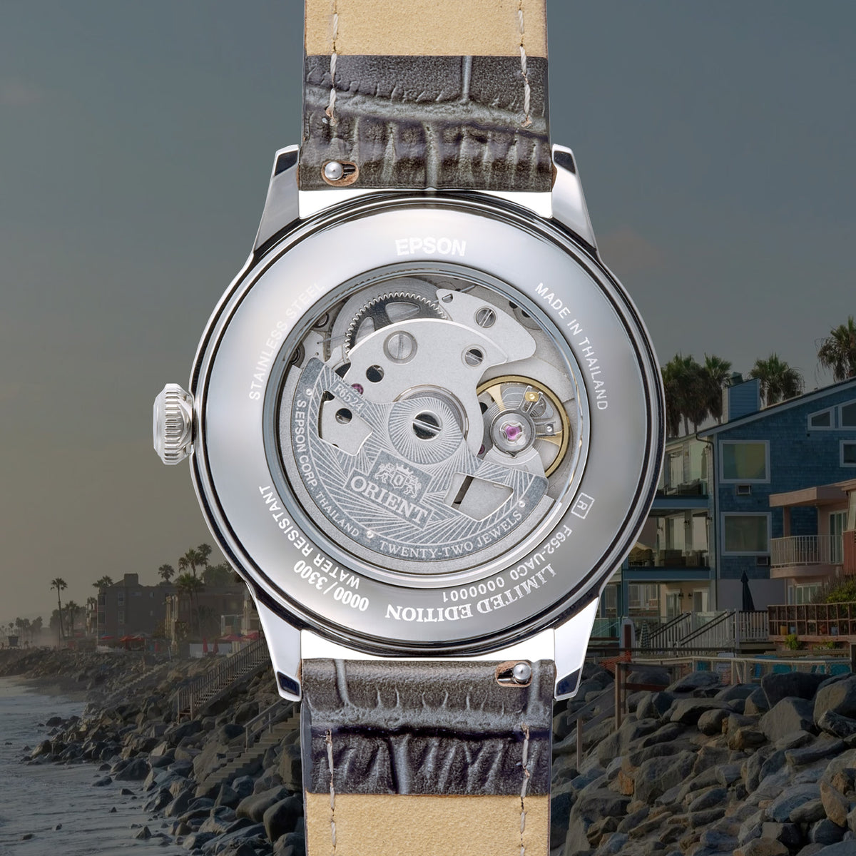 Transparent exhibition case back showing the Orient 22-jewel automatic movement and limited edition engraving