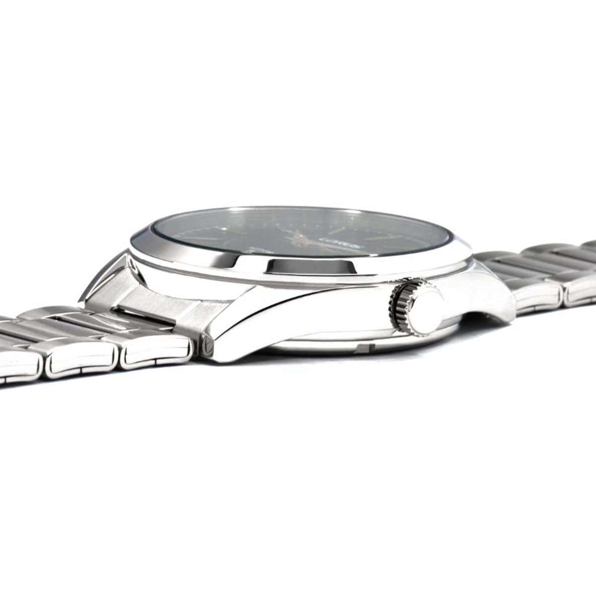 Men's automatic watch case and crown on steel bracelet, blue dial edge view