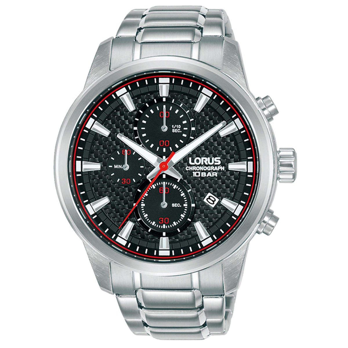 Men's stainless steel sports watch with black dial, red accents, metal bracelet.
