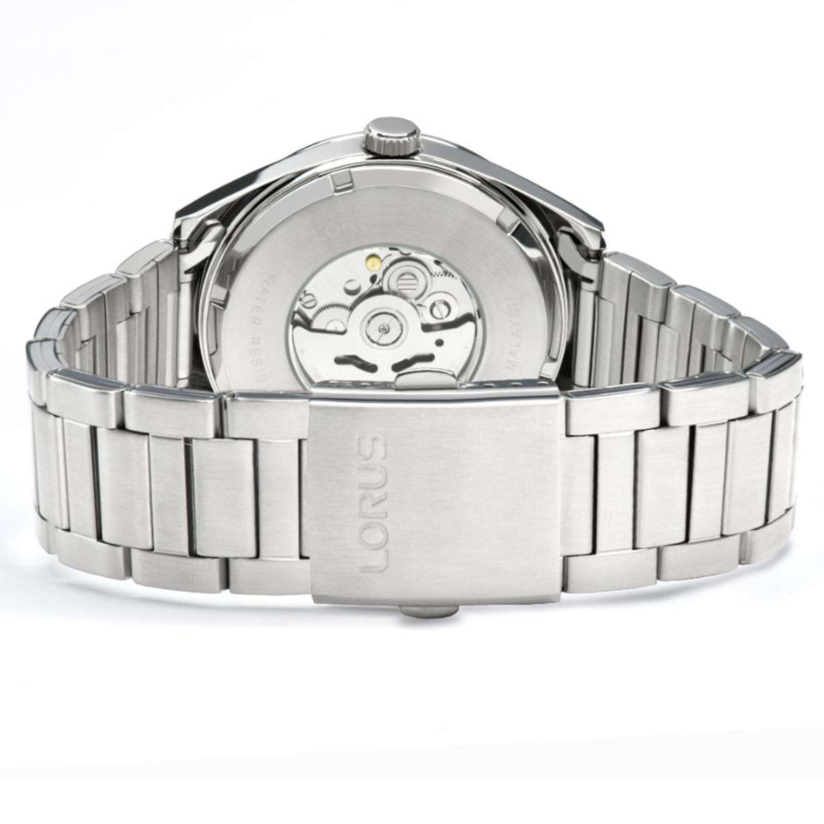 Men's steel automatic watch back with engraved case and link bracelet