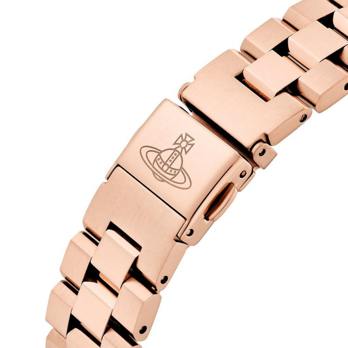 Rose gold steel wristwatch clasp close-up with engraved detail on bracelet links