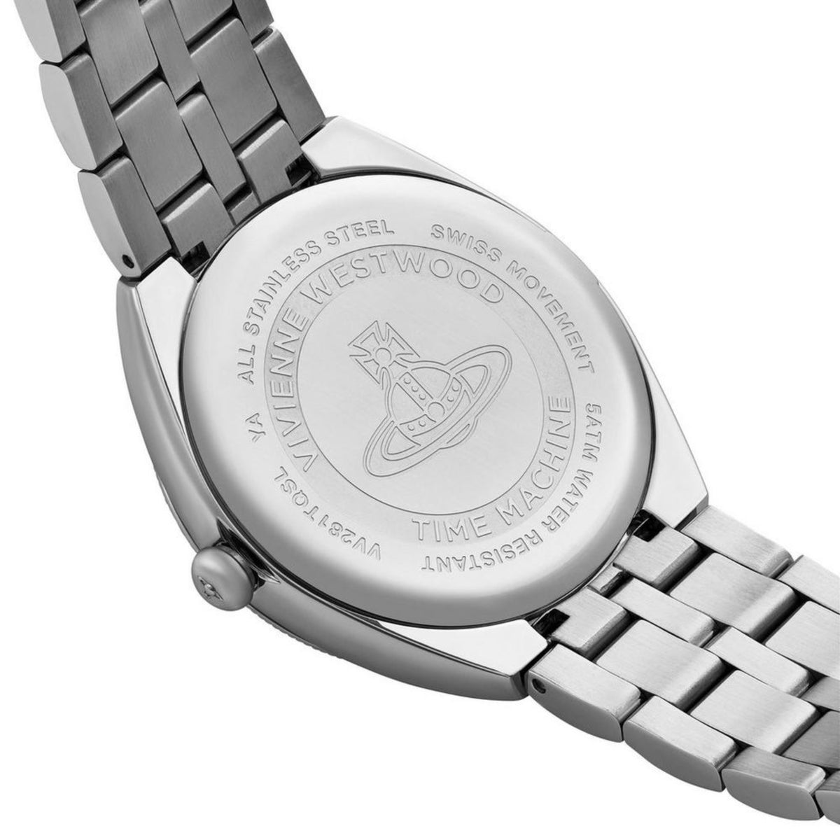 Stainless steel bracelet watch caseback with Vivienne Westwood and Time Machine text