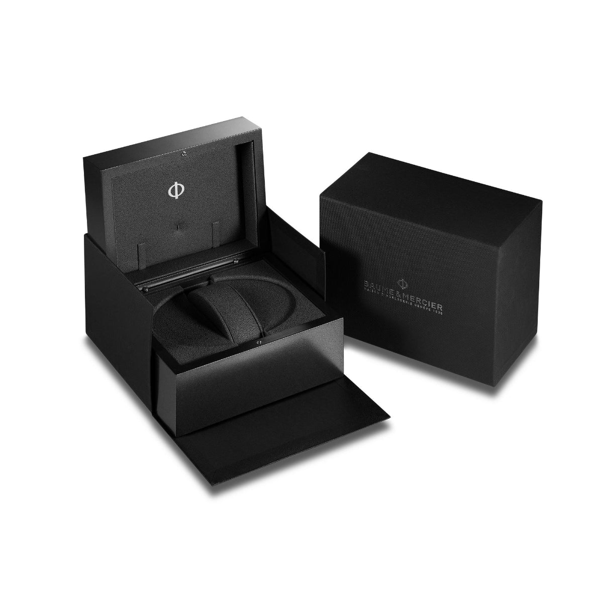Black watch presentation box with lid open and foam insert for storage