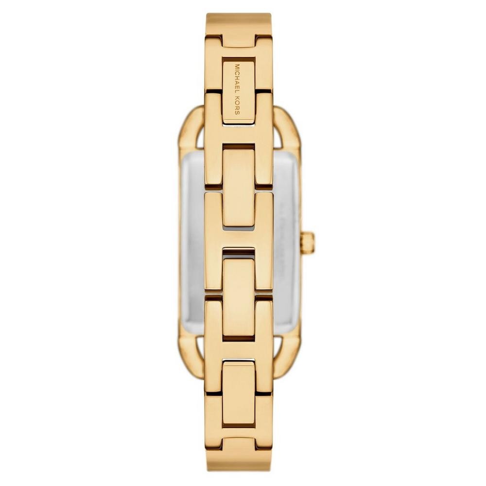 Gold-tone women’s watch back with patterned center links and hinged bracelet clasp