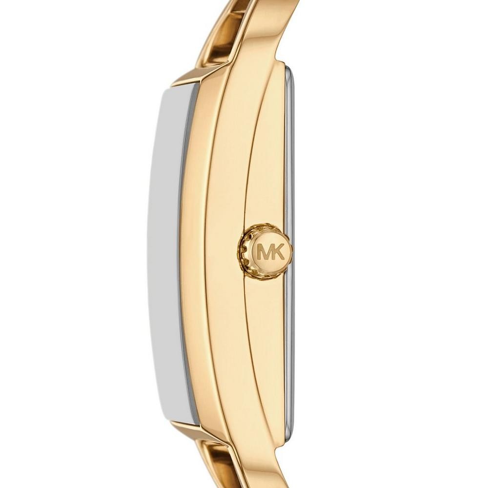 Gold-tone wrist watch side view with polished case and textured bracelet links
