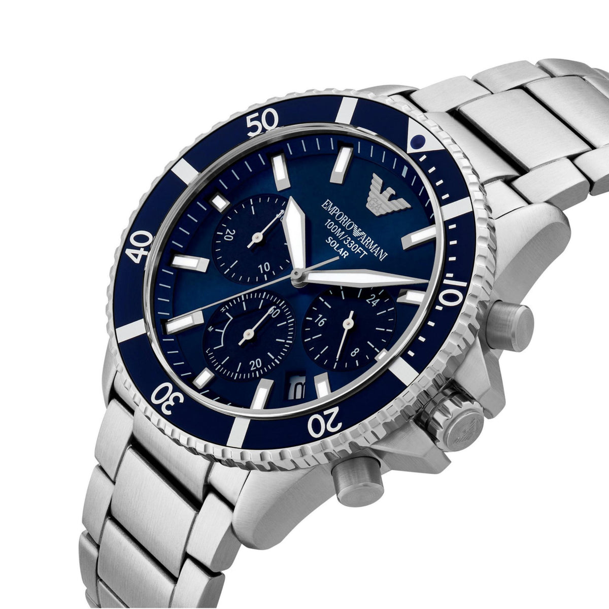 Angled view of the Emporio Armani World Explorer AR11681 watch displaying the chronograph pushers, blue dial, and steel case