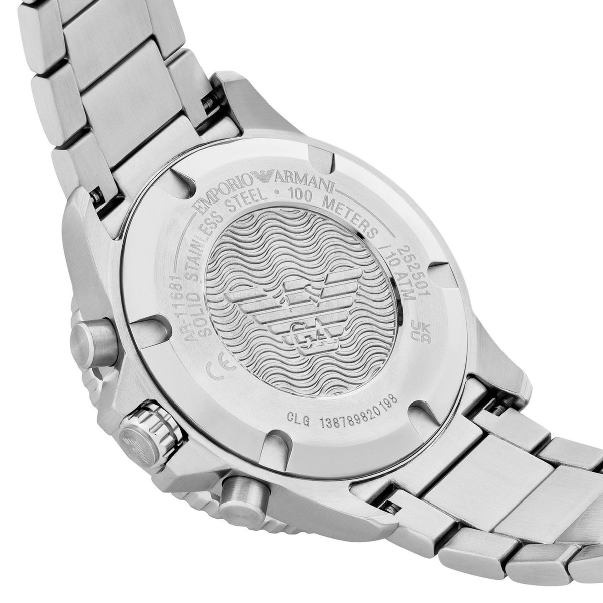 Close-up of the Emporio Armani World Explorer AR11681 solid stainless steel case back with wave pattern engraving