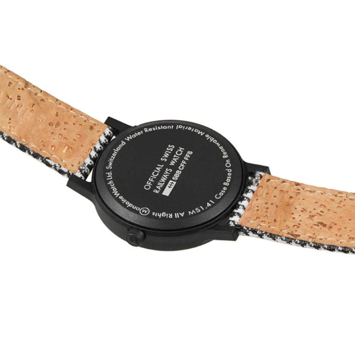 Mondaine Essence quartz watch case back with black case and brown woven textile strap