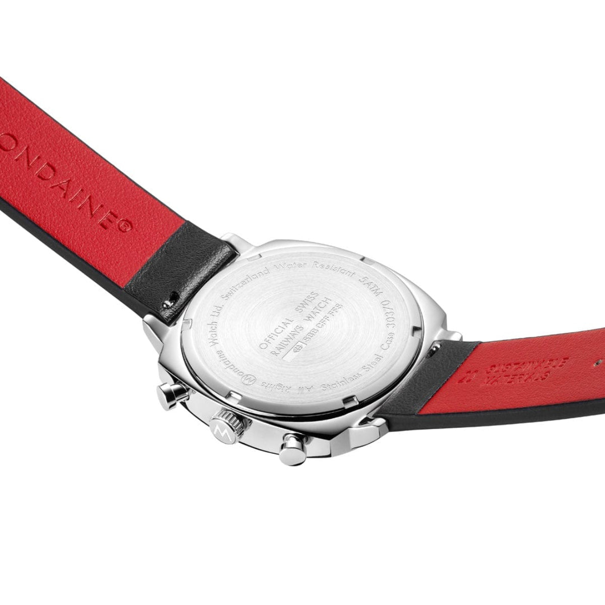 Mondaine Grand Cushion MSL.41410.LBV.SET case back view featuring stainless steel construction and red-lined leather strap with quick-release pins