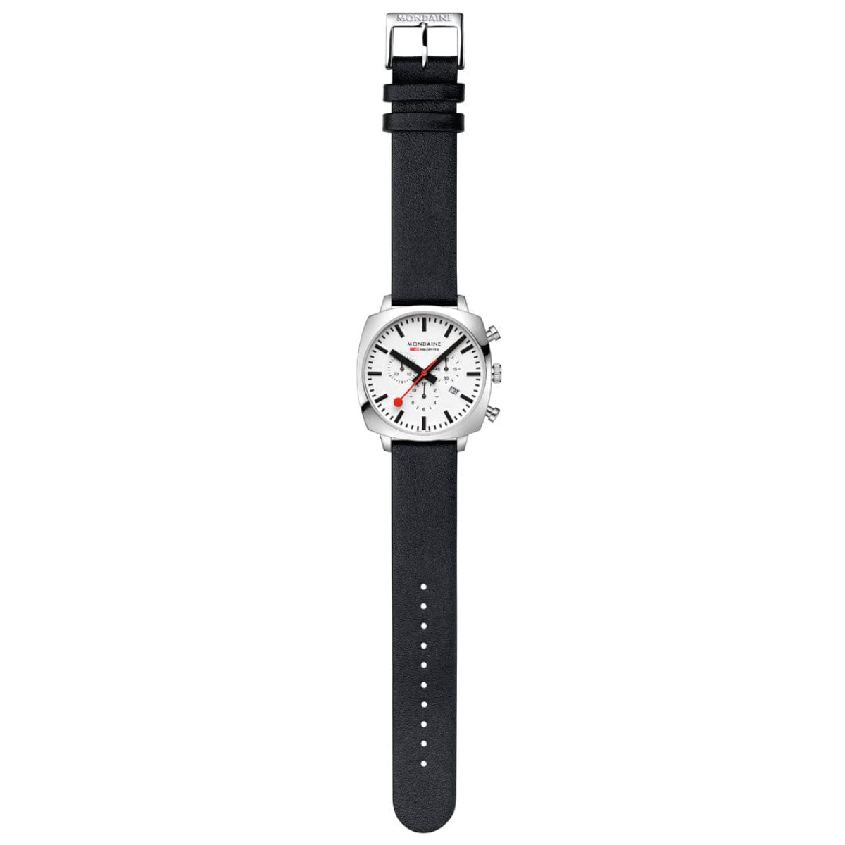 Mondaine Grand Cushion MSL.41410.LBV.SET full layout showing cushion dial and black leather strap