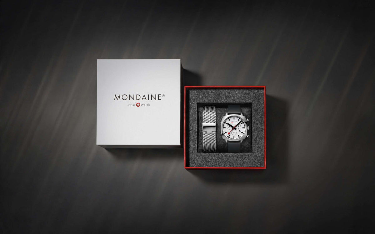 Mondaine Cushion MSL.31110.LBV presentation box set displaying a white dial watch with an extra strap