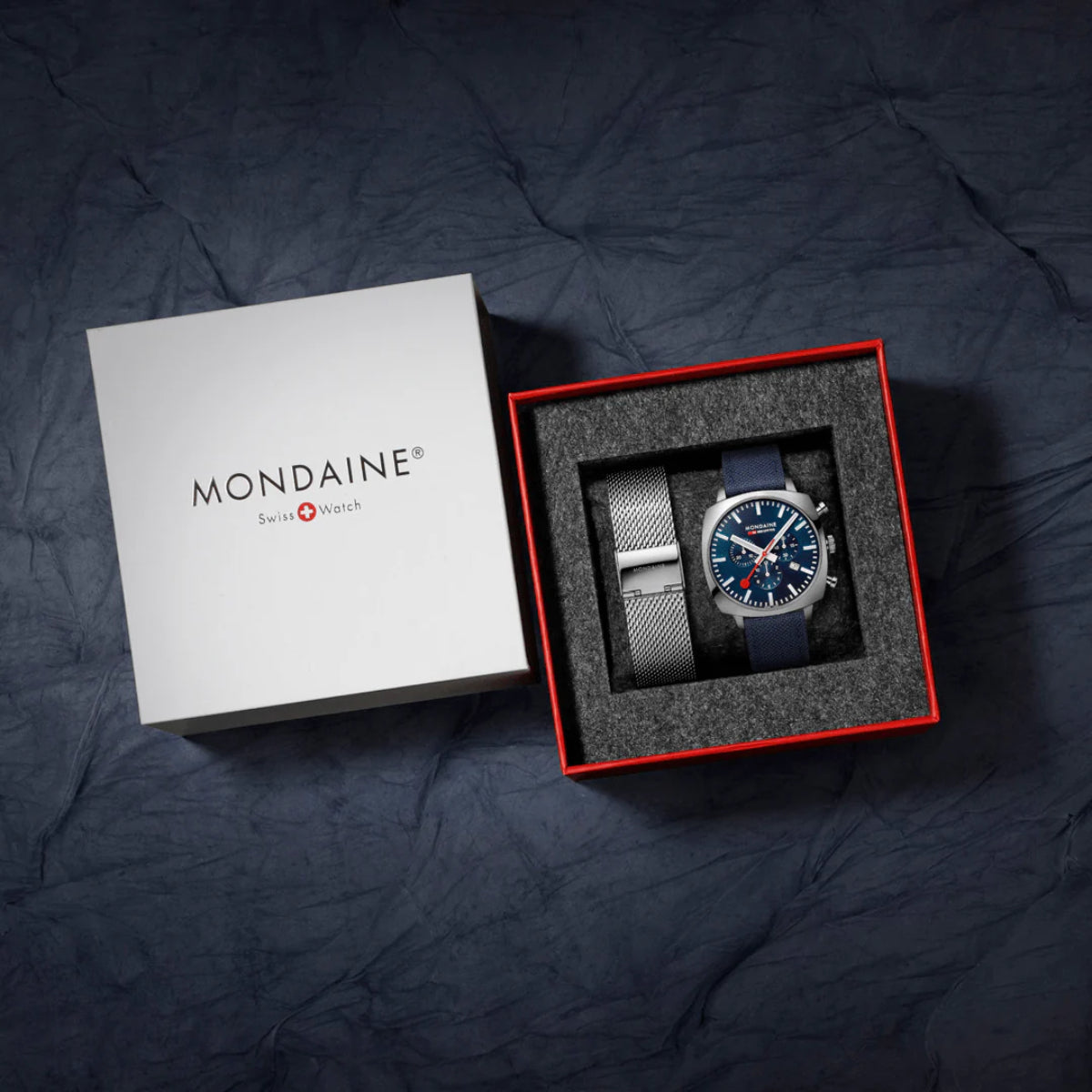 Mondaine watch gift box with blue dial and navy textile strap