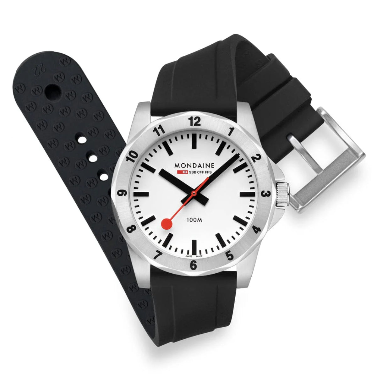 Mondaine Numeri men's quartz watch front with white dial, red accents, black silicone strap