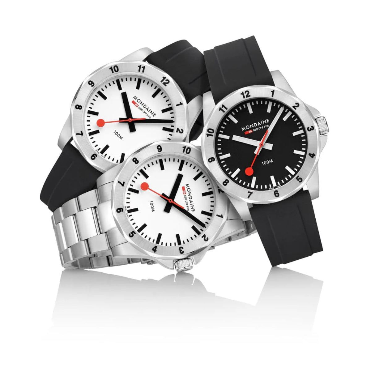 Mondaine Numeri men's quartz watch set with white and black dials, silver cases, black straps
