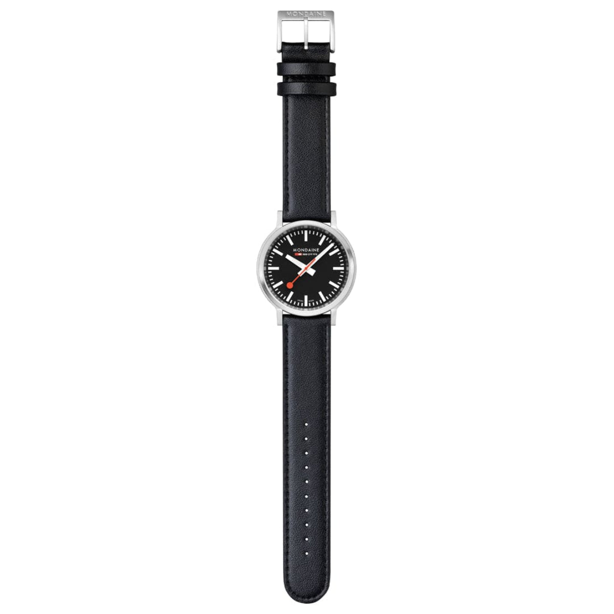 Mondaine stop2go watch with black leather strap and small silver clasp, black dial