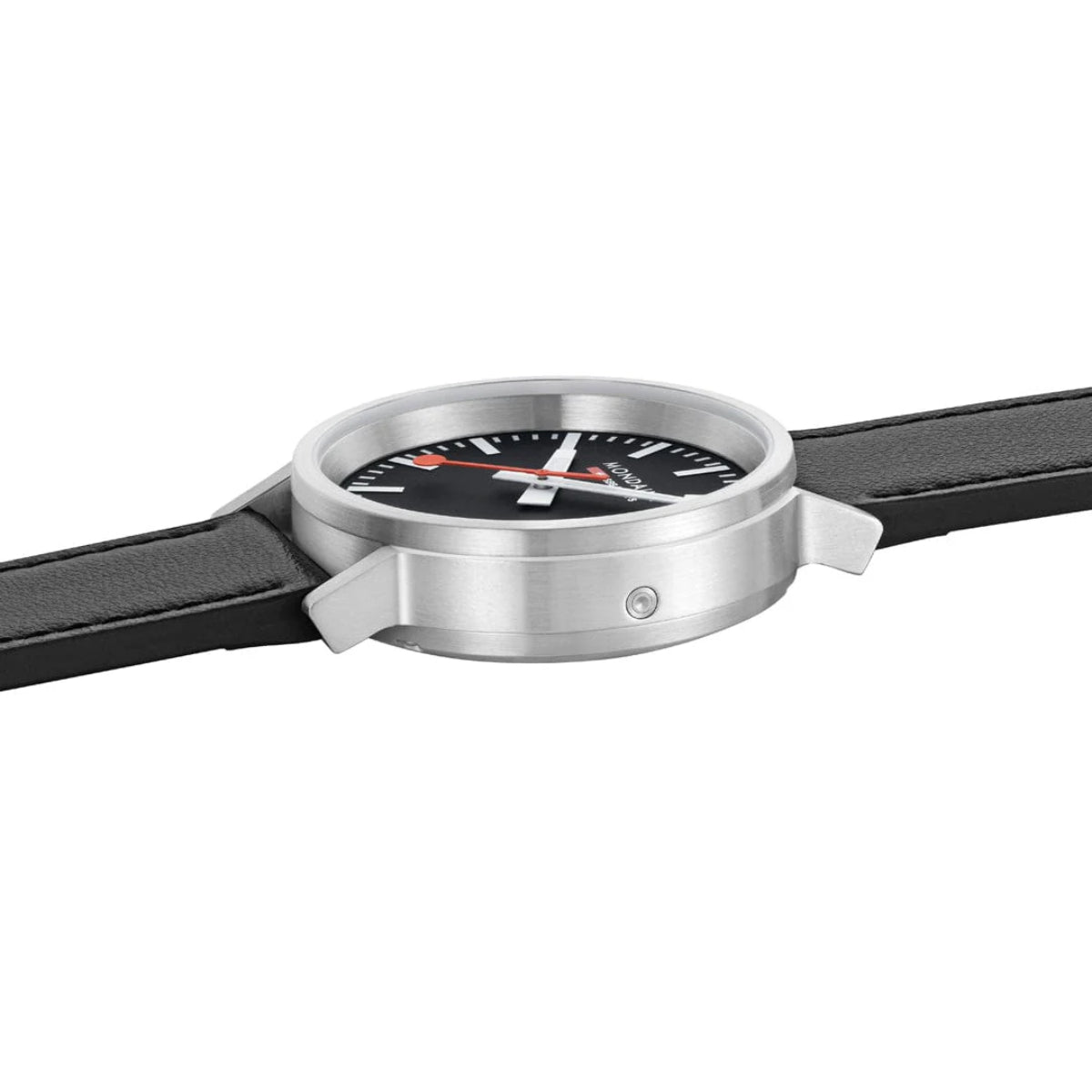 Mondaine stop2go watch side profile with black leather strap and silver case