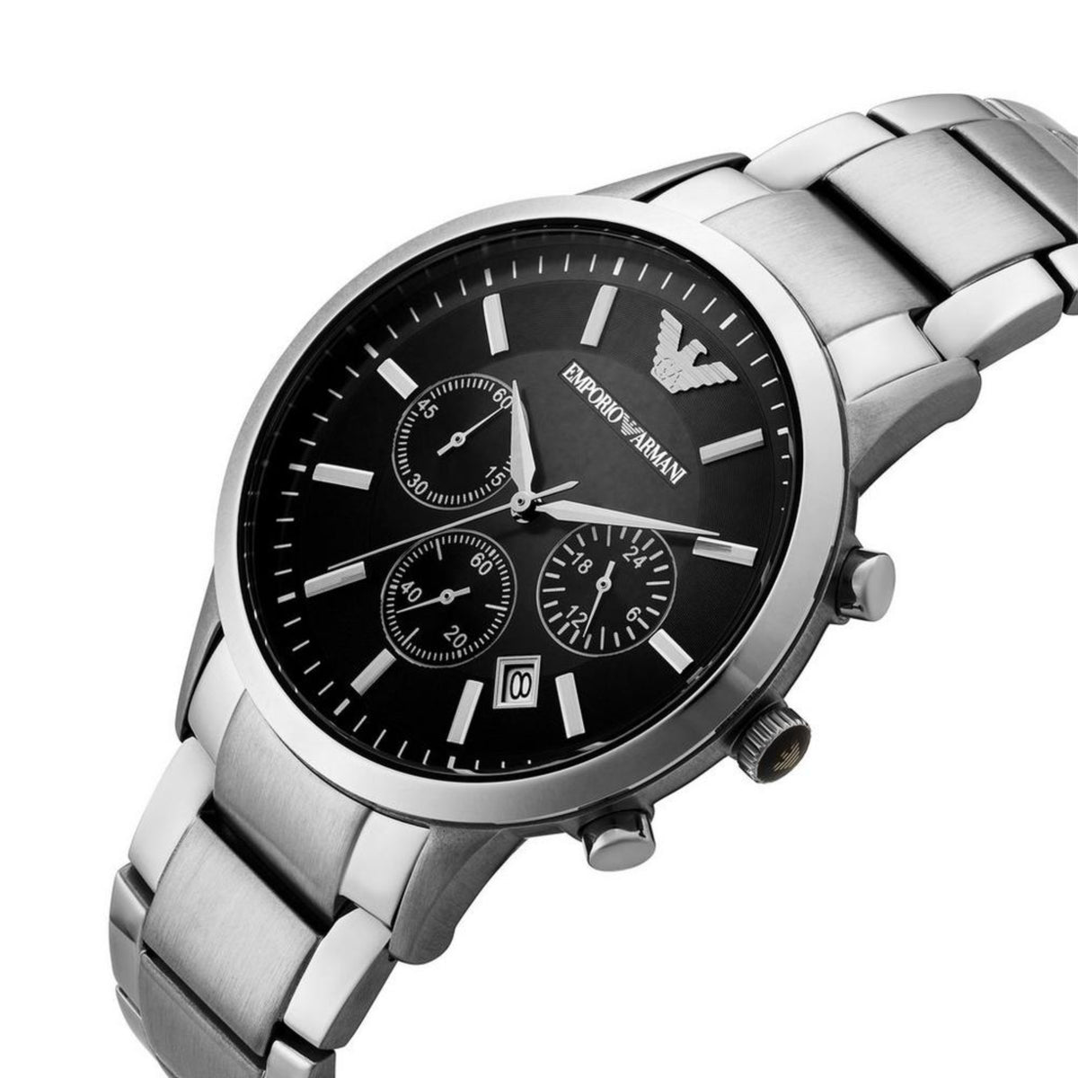 Emporio Armani Renato AR2434 angled view highlighting polished bezel, chronograph pushers, and link bracelet